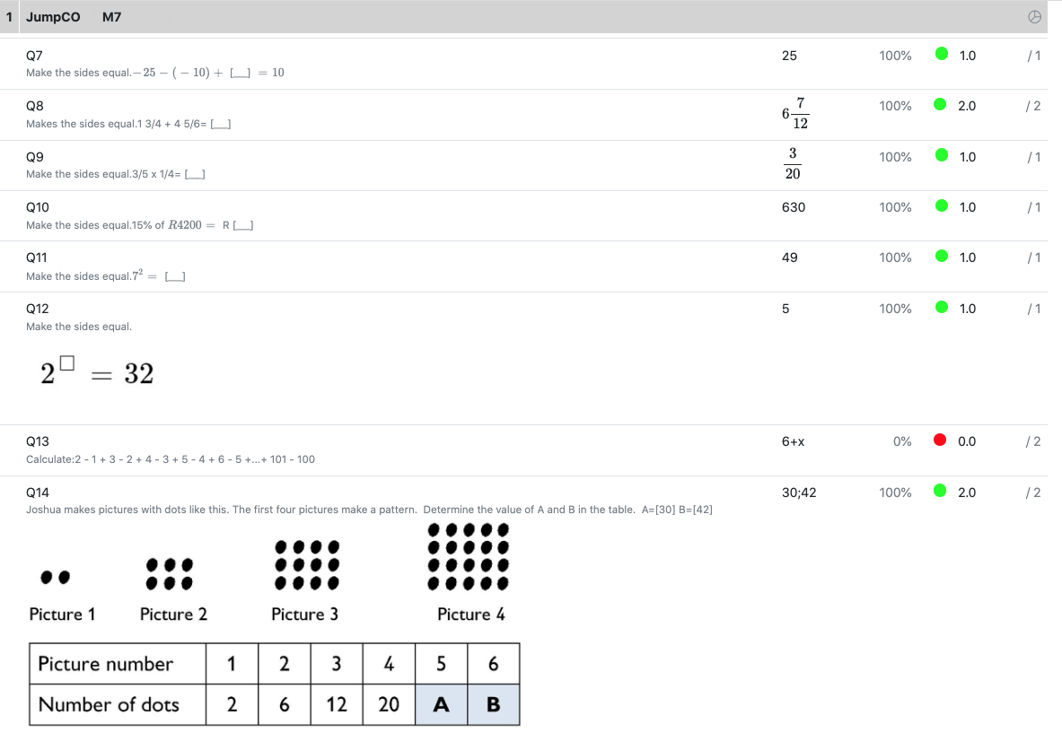 Learner marksheet report showing performance by question