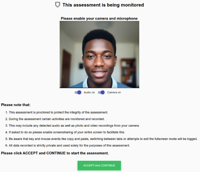 Proctoring dashboard showing live assessment monitoring and session status